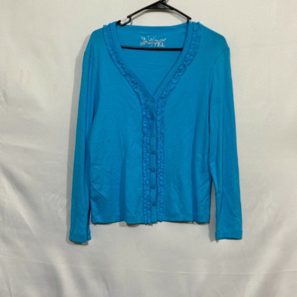 2 A Tee Womens Blue Long Sleeves V Neck Button Up Ruffle Cardigan Sweater Sz PL